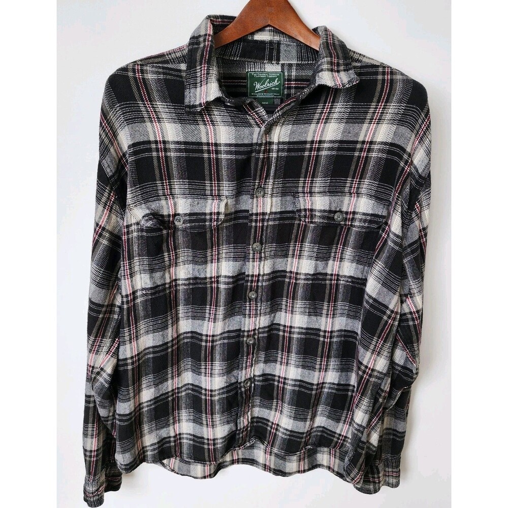 Woolrich Mens XL Gray Black Flannel Button Up Shirt